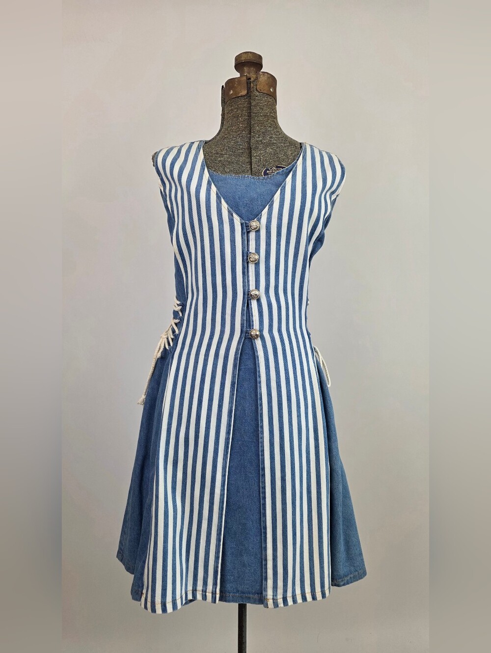 Green Box USA Vintage Women's Denim Striped Adjustable Side-Tie Dress Size L - Picture 1 of 7